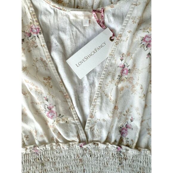 LoveShackFancy NWT Radia Smocked Cotton Cream Pink Floral Mini Dress size Large - Picture 13 of 16